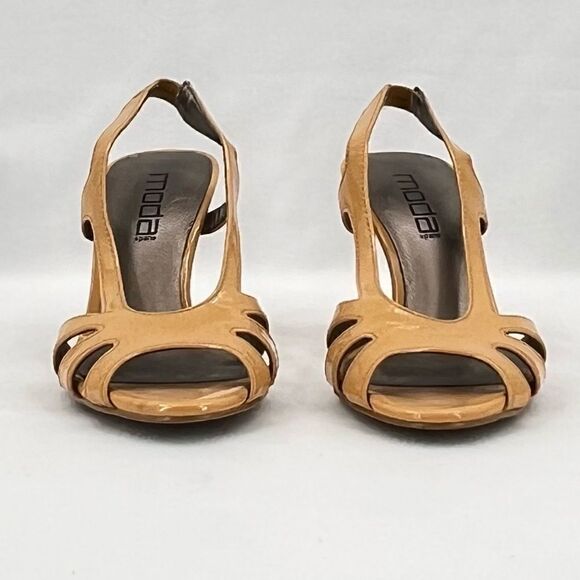 Moda Spana Golden Tan Strappy Patent Slingback Open Toe Heeled Sandals Size 7 - Picture 3 of 11